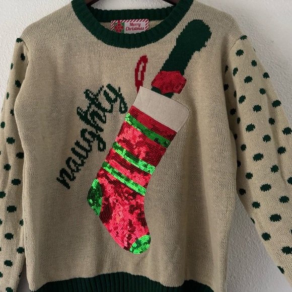 Knit Christmas Sweater Sequins Ugly Sweater Funny Naughty Xmas Wine Top Sz Small - Picture 5 of 10